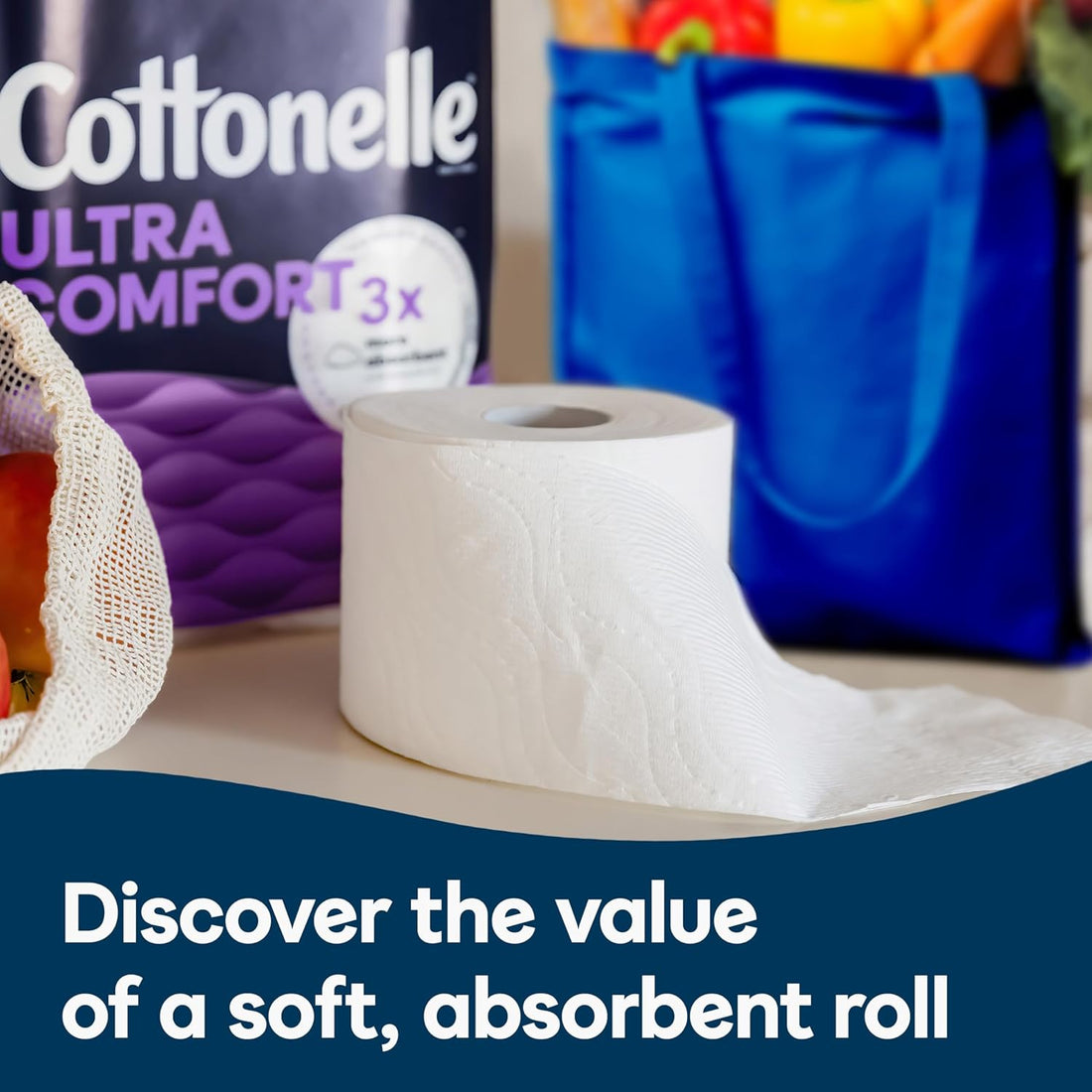 Roll of toilet paper with Cottonelle Ultra Comfort 3x packaging in the background