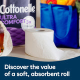 Roll of toilet paper with Cottonelle Ultra Comfort 3x packaging in the background