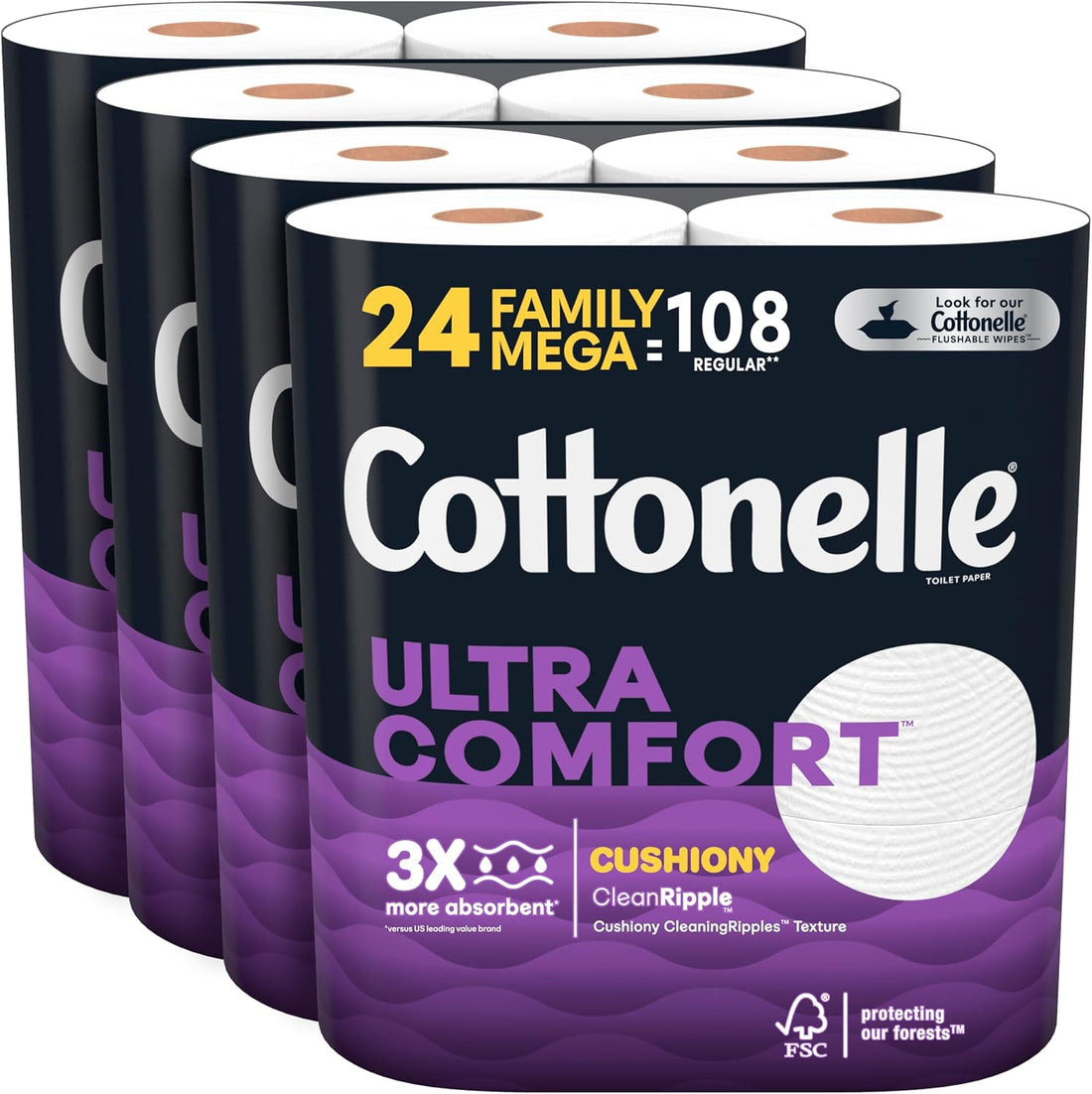 Cottonelle Ultra Comfort Toilet Paper with Cushiony CleaningRipples Texture, Strong Bath Tissue, 24 Family Mega Rolls (24 Family Mega Rolls = 108 Regular Rolls) (4 Packs of 6), 296 Sheets per Roll
