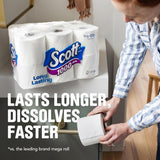 Person holding a Scott toilet paper roll with packaging in the background, emphasizing product features.