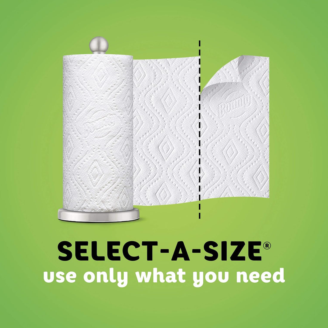 Paper towel roll with stand on a green background, featuring 'Select-A-Size' text.