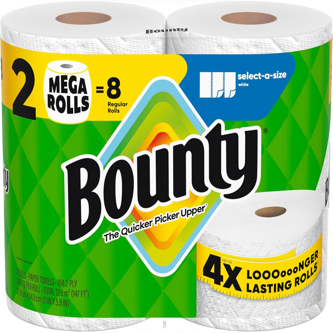 Bounty paper towels packaging with two mega rolls on a green and yellow background