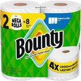 Bounty paper towels packaging with two mega rolls on a green and yellow background
