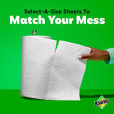 Bounty paper towel roll with a hand pulling a sheet against a green background, featuring the Bounty brand logo.