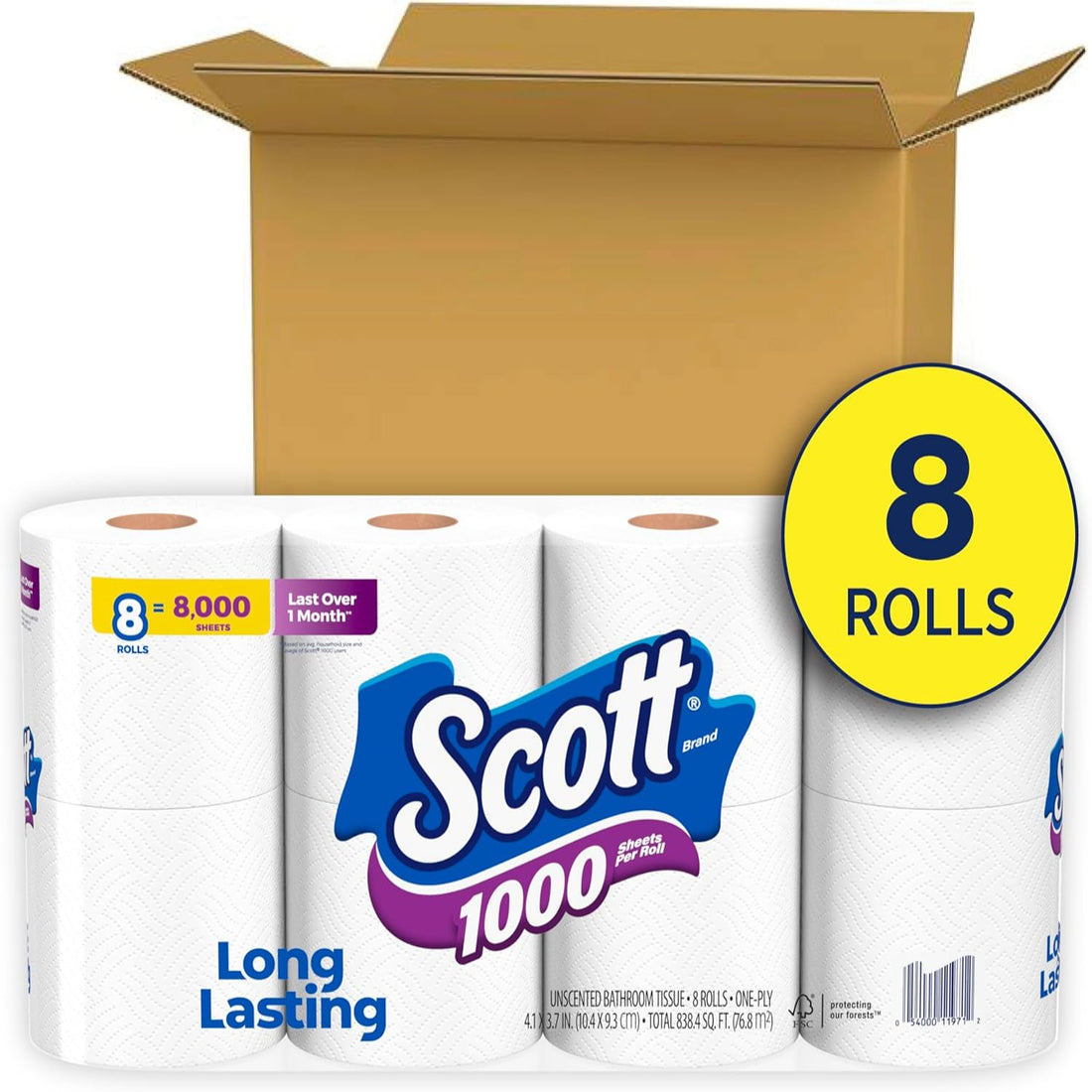 Scott 1000 toilet paper rolls with a cardboard box on a white background