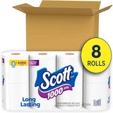 Scott 1000 toilet paper rolls with a cardboard box on a white background