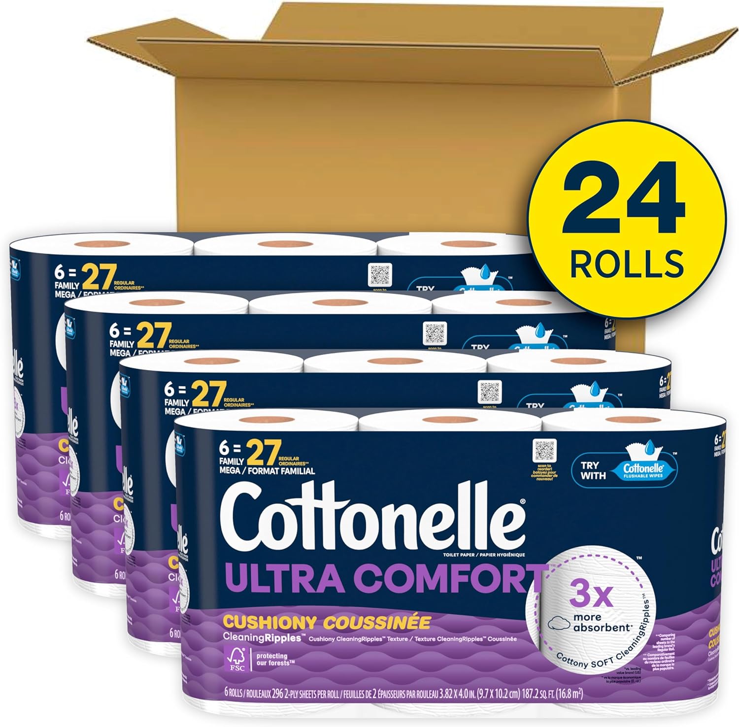Cottonelle Ultra Comfort Toilet Paper with Cushiony CleaningRipples Texture, Strong Bath Tissue, 24 Family Mega Rolls (24 Family Mega Rolls = 108 Regular Rolls) (4 Packs of 6), 296 Sheets per Roll