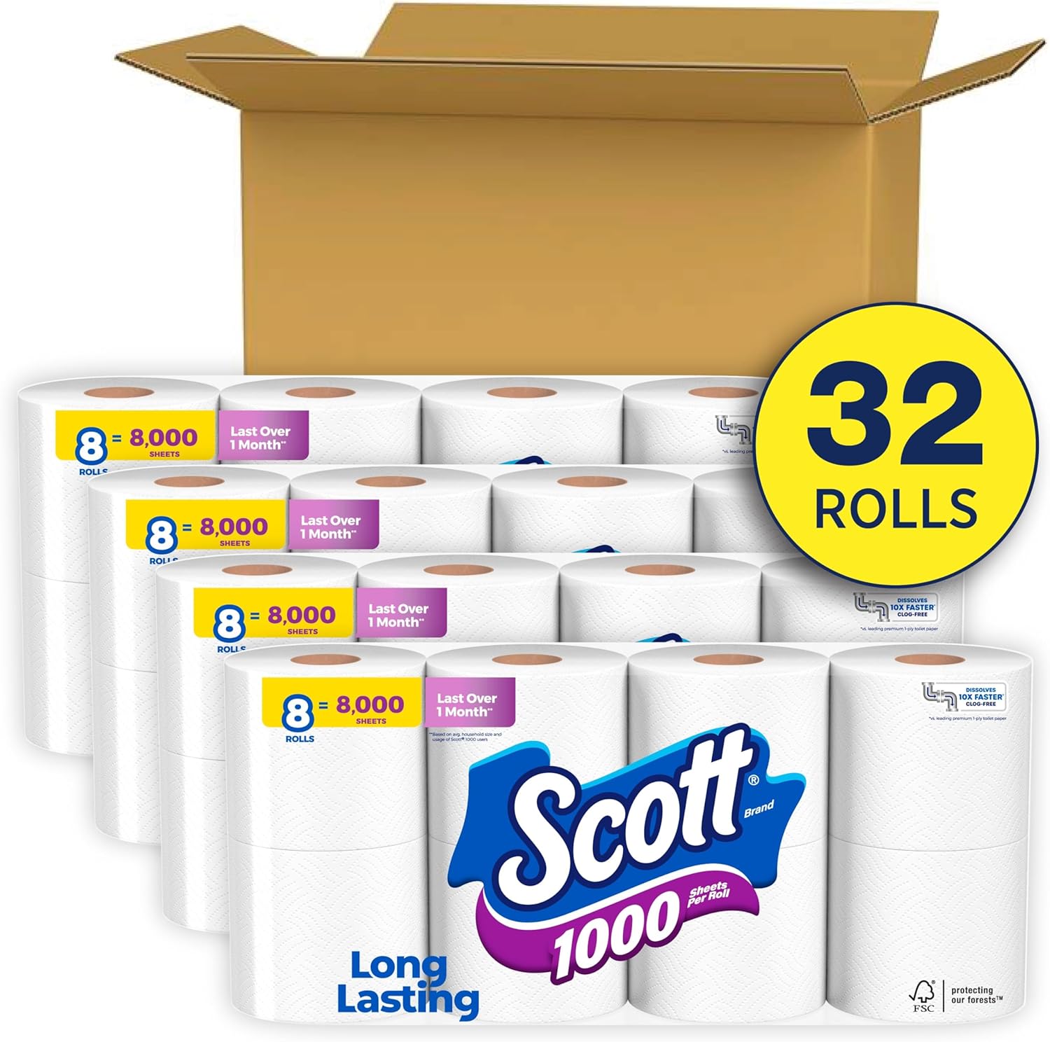 Scott 1000 Trusted Clean Toilet Paper, 32 Rolls, Septic-Safe, 1-Ply Toilet Tissue