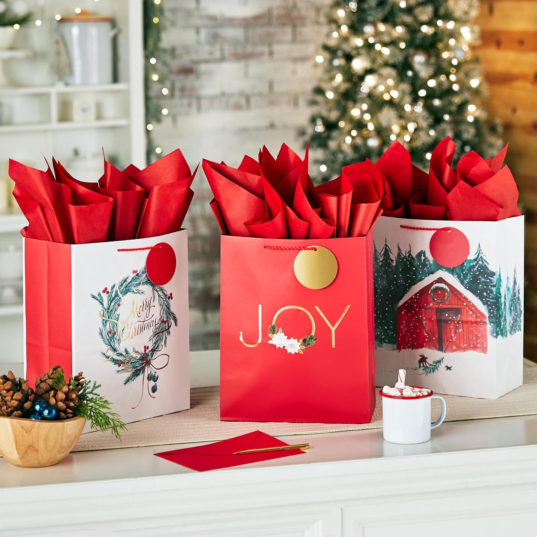 Hallmark Large Christmas Gift Bags with Tissue Paper, 3-Pack (Wreath, Gold Joy, Red Barn) – view 2