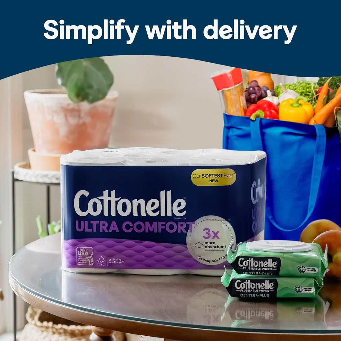 Cottonelle Ultra Comfort toilet paper and wipes on a table with groceries in the background.
