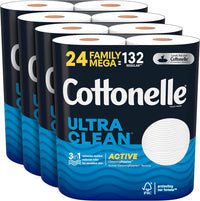Cottonelle Ultra Clean Toilet Paper with Active CleaningRipples Texture, Strong Bath Tissue, 24 Family Mega Rolls = 132 Regular Rolls (4 Packs of 6)