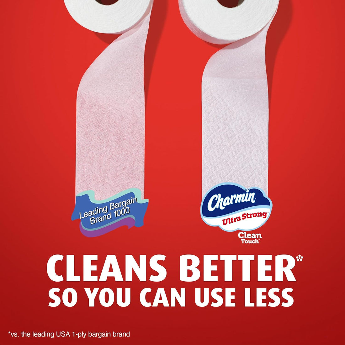 Two rolls of toilet paper with Charmin branding on a red background, featuring text about product quality.