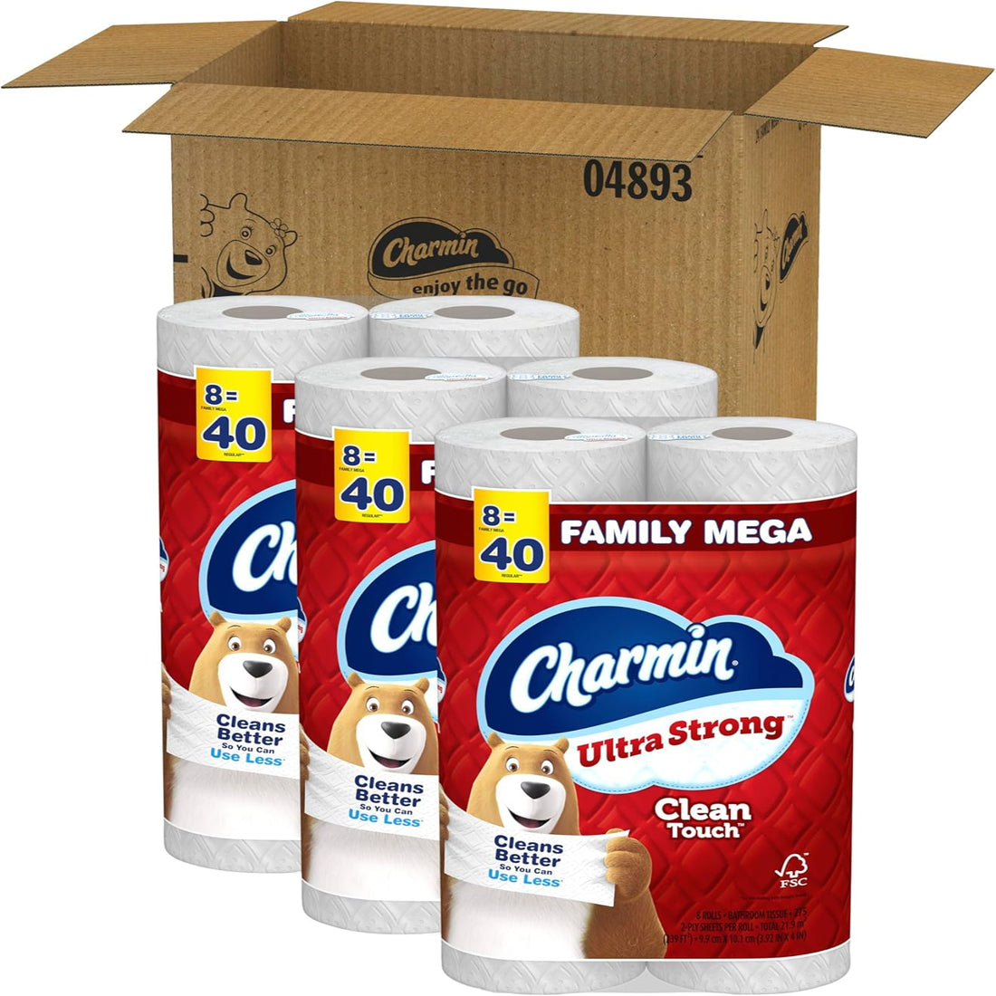 Three packages of Charmin Ultra Strong toilet paper with a cardboard box in the background.