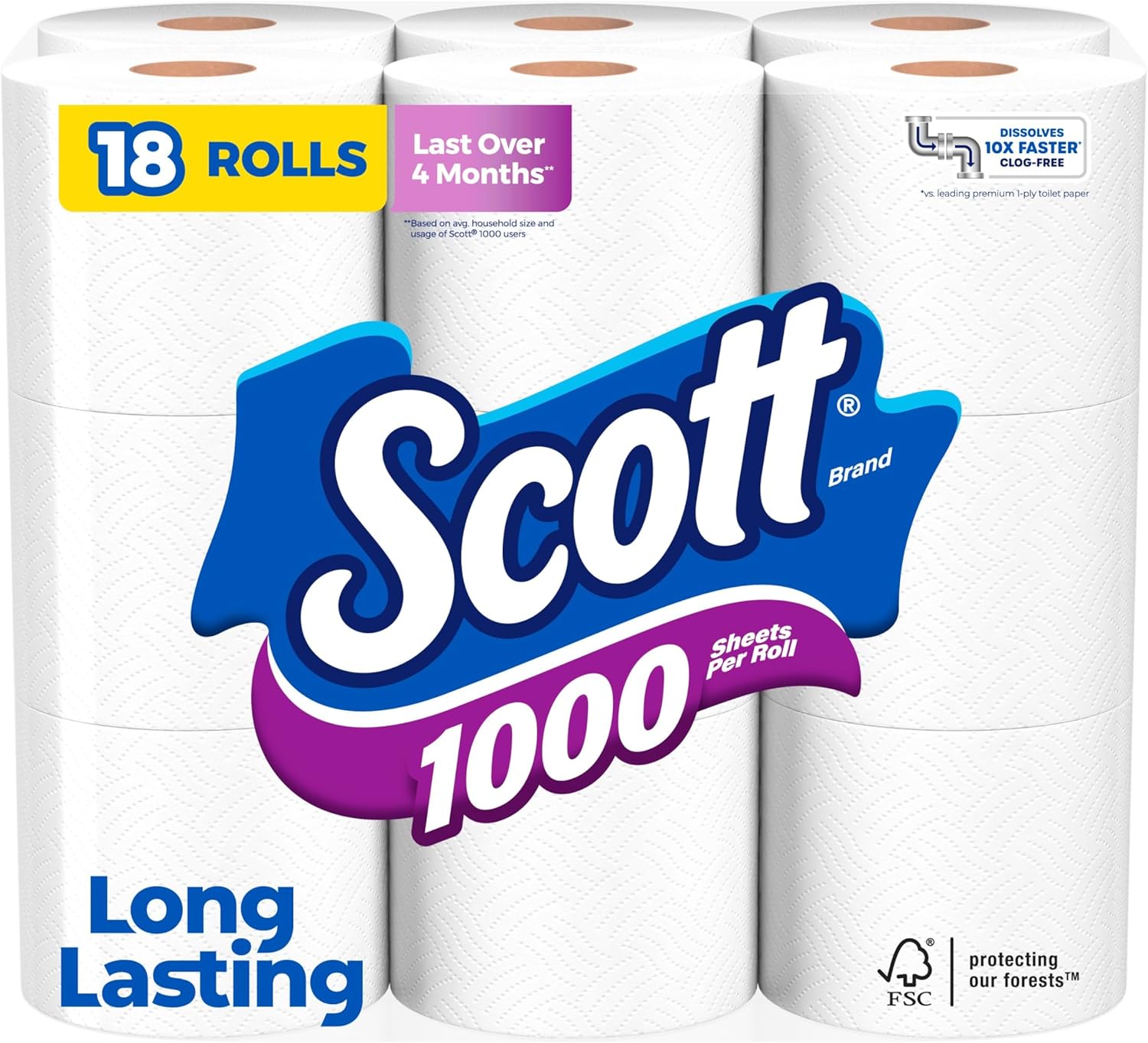 Scott 1000 Trusted Clean Toilet Paper, 32 Rolls, Septic-Safe, 1-Ply Toilet Tissue