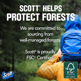 Person wearing a blue raincoat with text about Scott's commitment to forest protection and FSC certification.