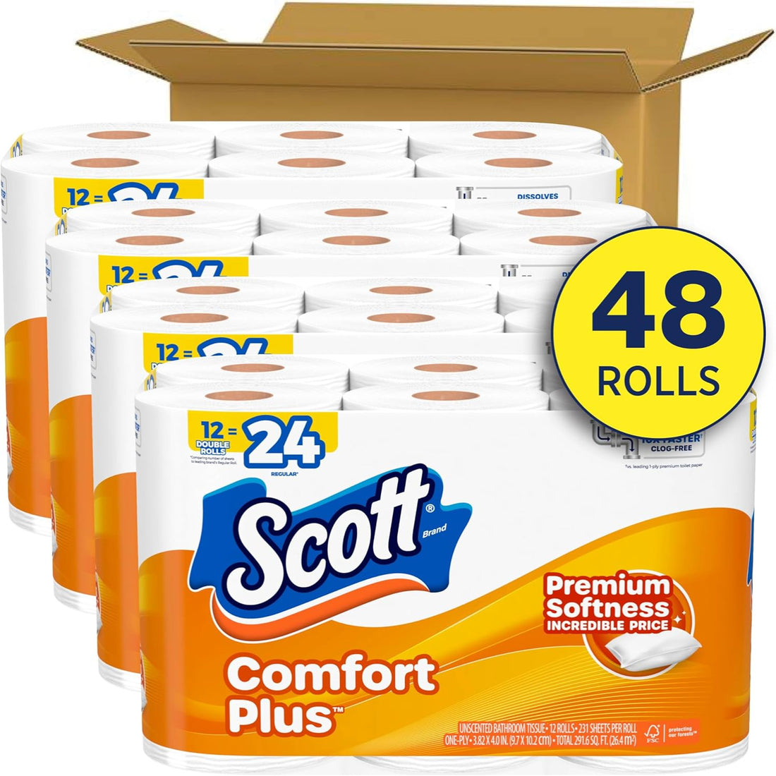 Scott Comfort Plus toilet paper with 48 rolls packaging on a white background