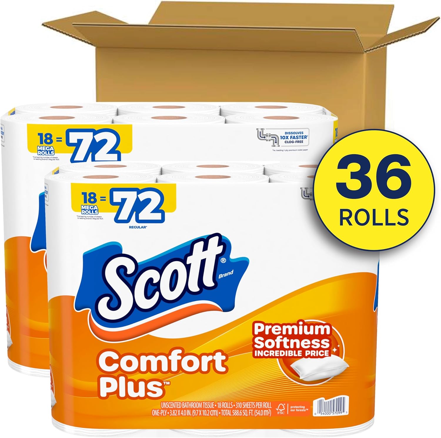 Scott ComfortPlus Toilet Paper, 36 Mega Rolls, 310 Sheets per Roll, Septic-Safe, 1-Ply Toilet Tissue