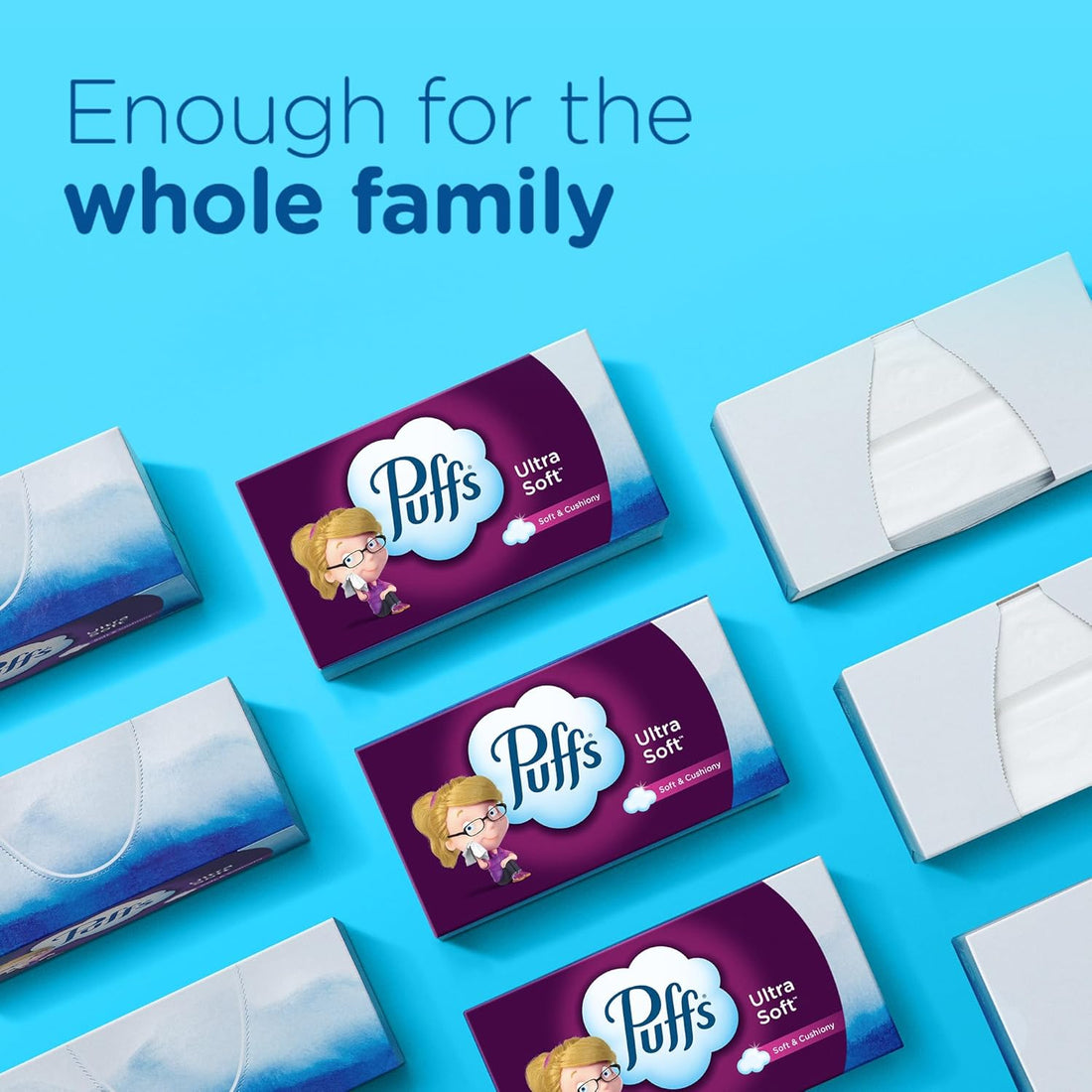 Puffs Ultra Soft tissue boxes on a blue background with text 'Enough for the whole family'.