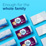 Puffs Ultra Soft tissue boxes on a blue background with text 'Enough for the whole family'.