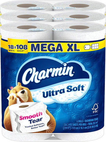 Charmin Ultra Soft Toilet Paper, 18 Mega XL Rolls = 108 Regular Rolls