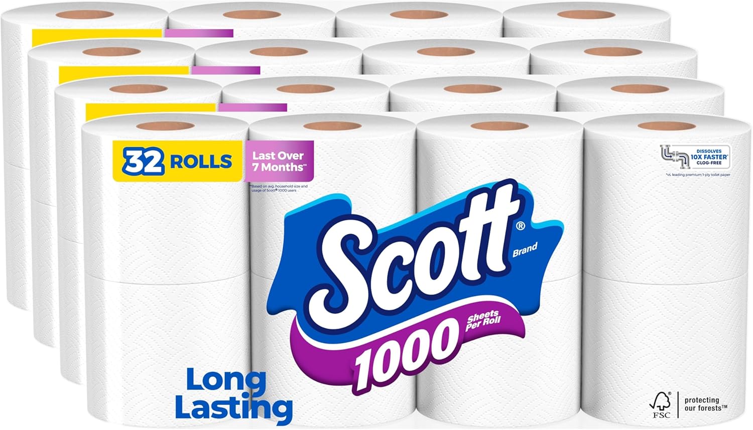Scott 1000 Trusted Clean Toilet Paper, 32 Rolls, Septic-Safe, 1-Ply Toilet Tissue