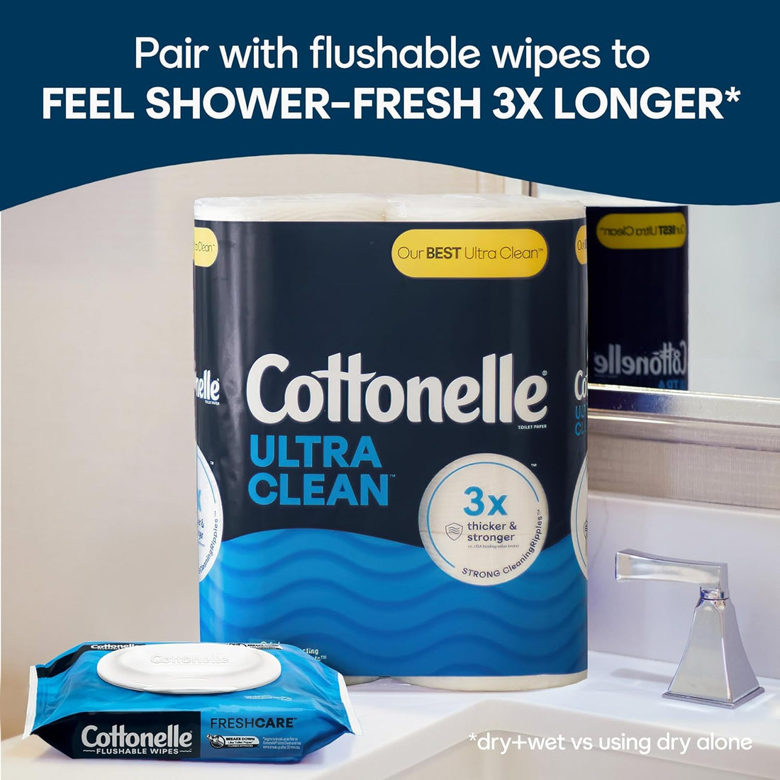 Cottonelle Ultra Clean toilet paper package with a smaller packet of flushable wipes on a bathroom background.