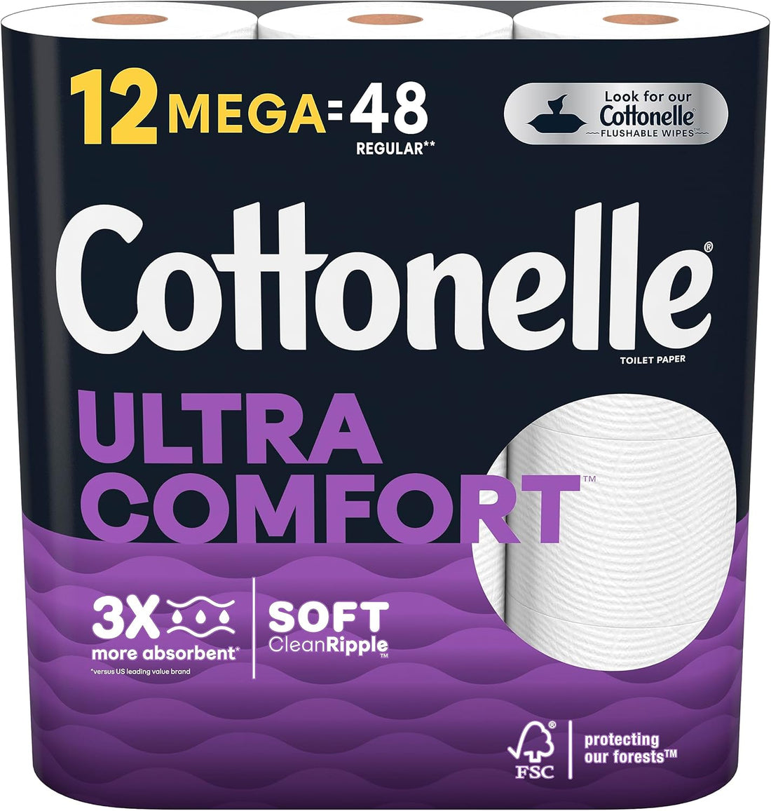 Cottonelle UltraComfort 2-Ply Bath Tissue, 3-7/8" x 4", White, 268 Sheets Per Roll, Pack Of 12 Rolls