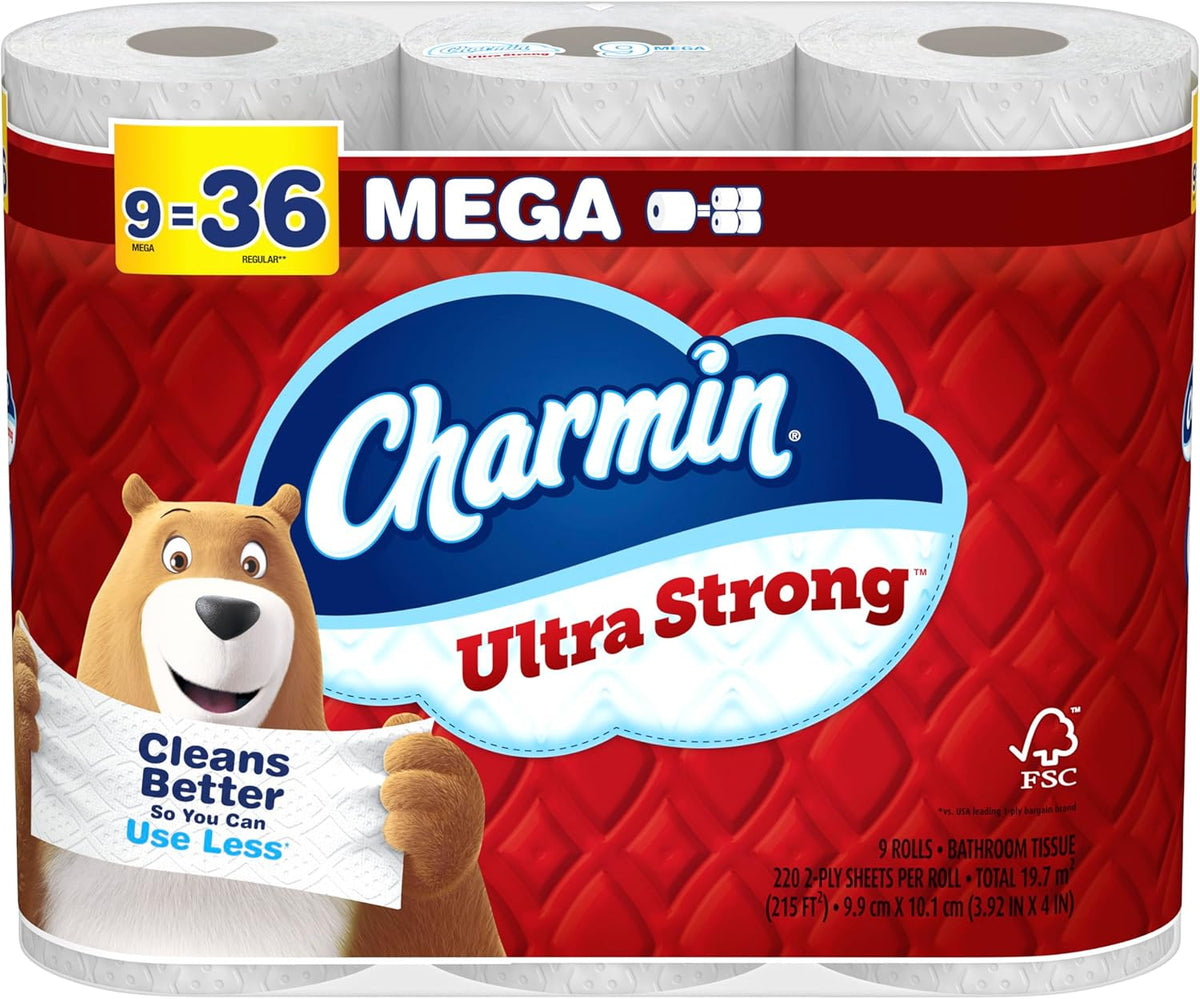 Charmin Ultra Strong Toilet Paper 9 Mega Rolls, 220 Sheets Per Roll