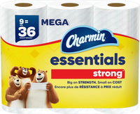Charmin Essentials Strong Toilet Paper, 9 Mega Rolls = 36 Regular Rolls