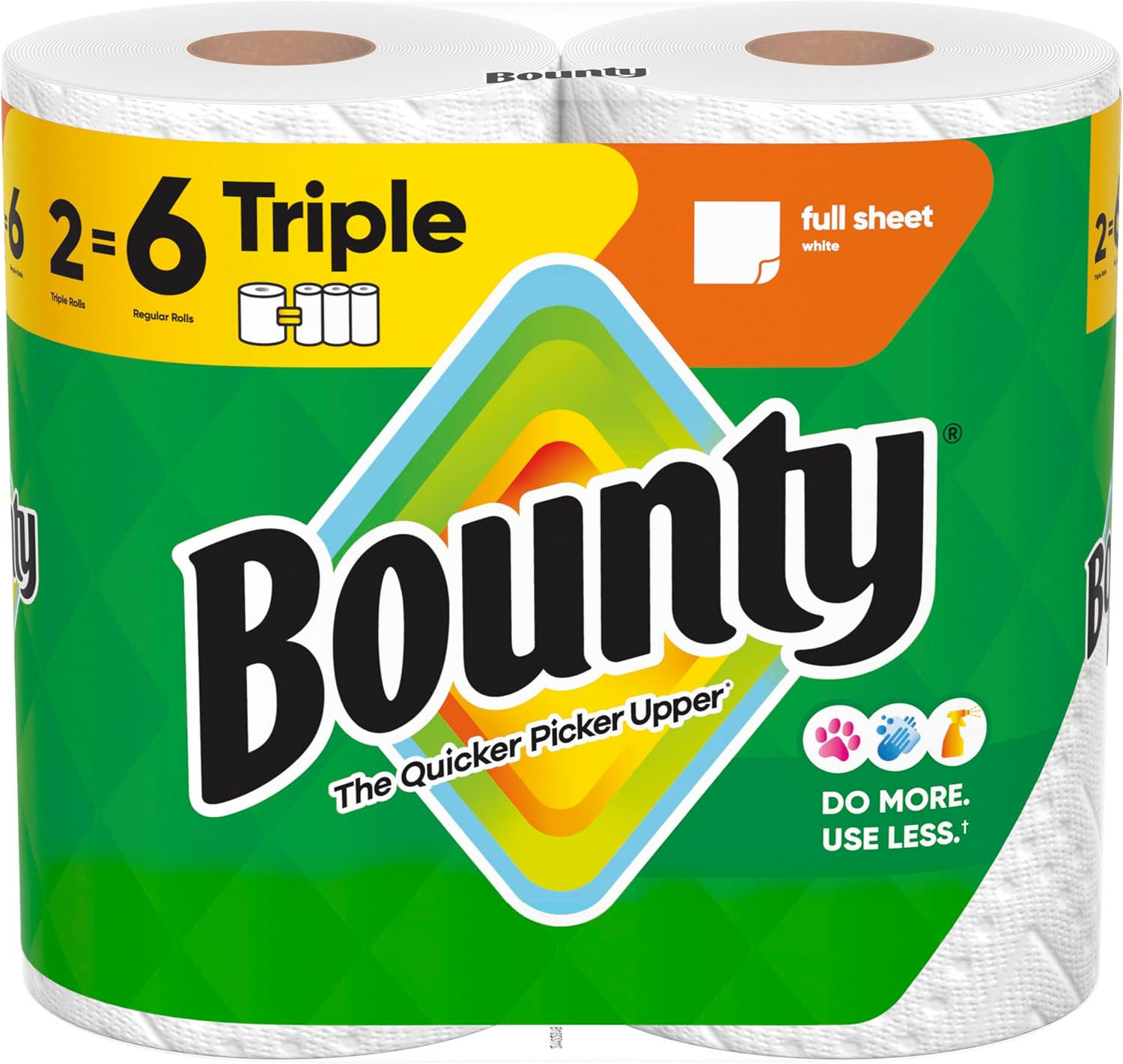 Bounty Full Sheet Paper Towels, White, 2 Triple Rolls = 6 Regular Rolls