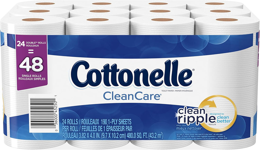Cottonelle Clean Care, 24 Double Rolls, Ultra Soft Toilet Paper Rolls with Clean Ripple Texture, Sewer and Septic Safe