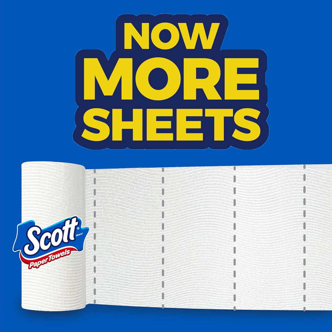 Scott paper towels with text 'Now More Sheets' on a blue background