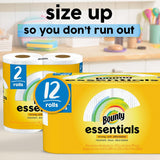 Bounty essentials paper towels packaging with text 'size up so you don't run out' in a kitchen setting.