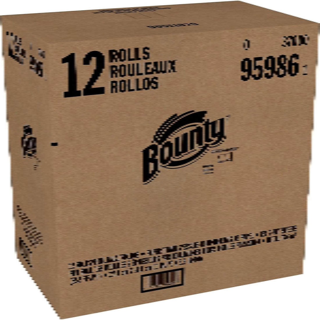 Box of Bounty paper towels with 12 rolls on a white background
