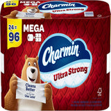 Charmin Ultra Strong toilet paper package with bears holding toilet paper, on a red background