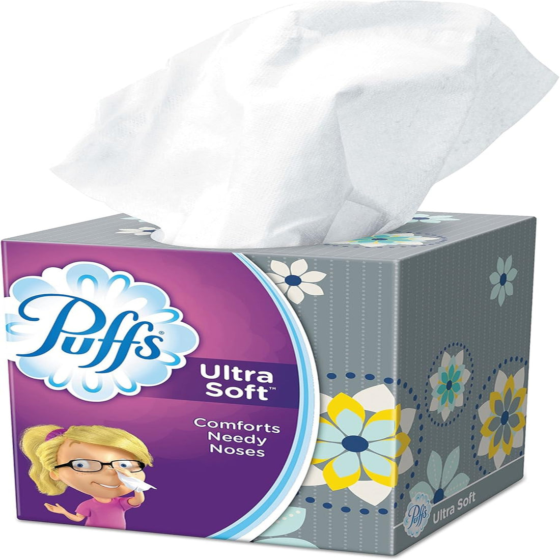 Puffs Ultra Soft tissue box with a purple label and floral design on a white background