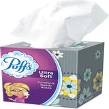 Puffs Ultra Soft tissue box with a purple label and floral design on a white background