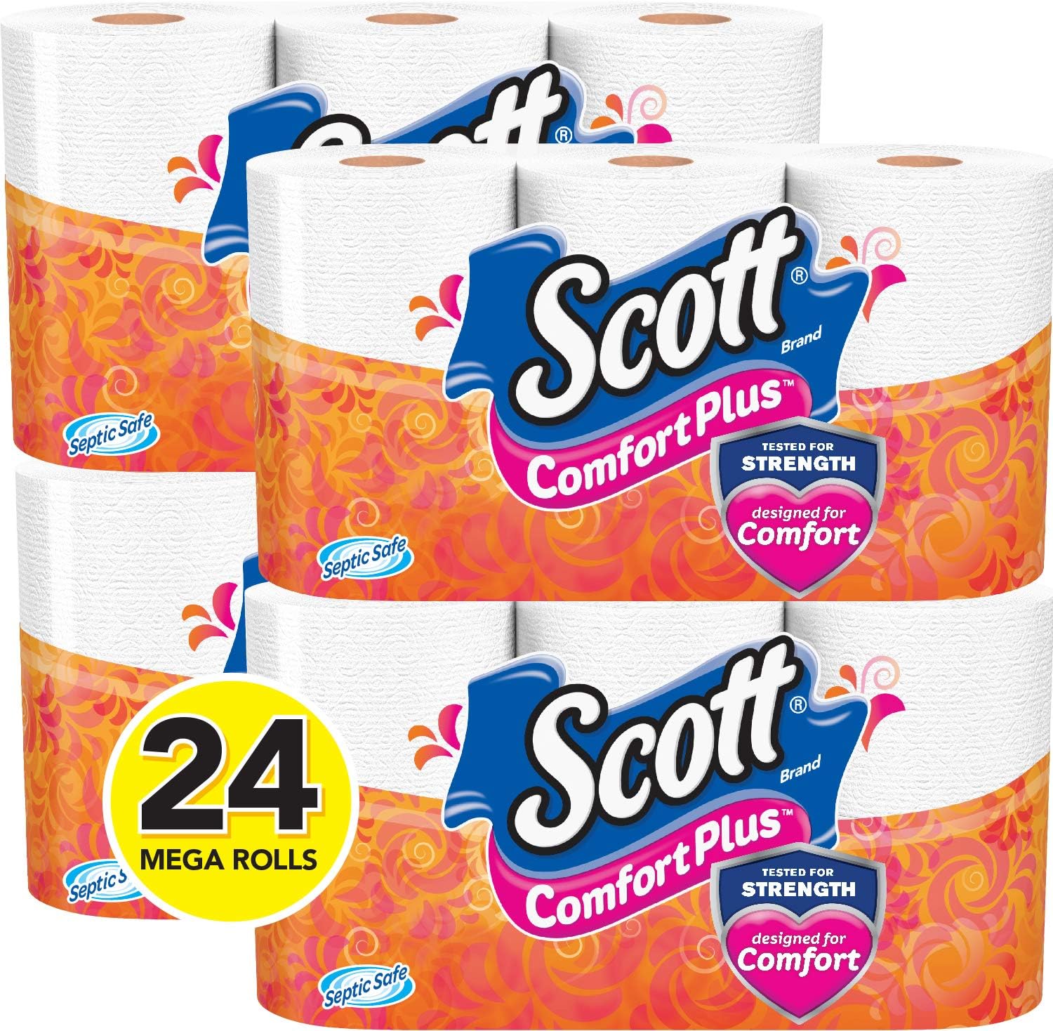 Scott ComfortPlus Toilet Paper, 4 Packs of 6 Mega Rolls (24 Rolls Total) Bath Tissue, White