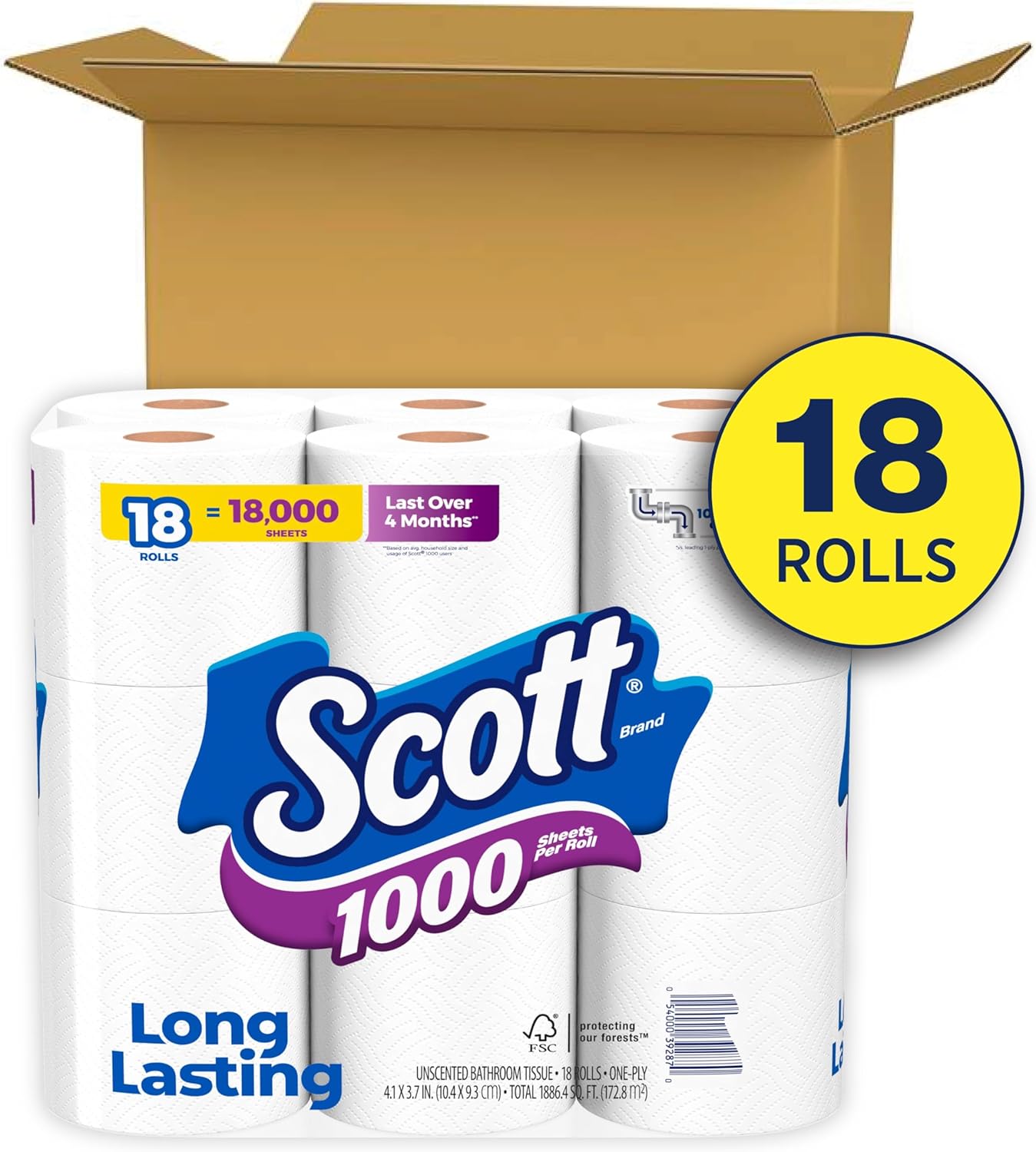 Scott 1000 Trusted Clean Toilet Paper, 32 Rolls, Septic-Safe, 1-Ply Toilet Tissue