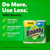 Bounty QuickSize paper towels on a green background with promotional text.