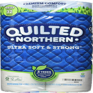 Quilted Northern toilet paper package with blue design and branding.