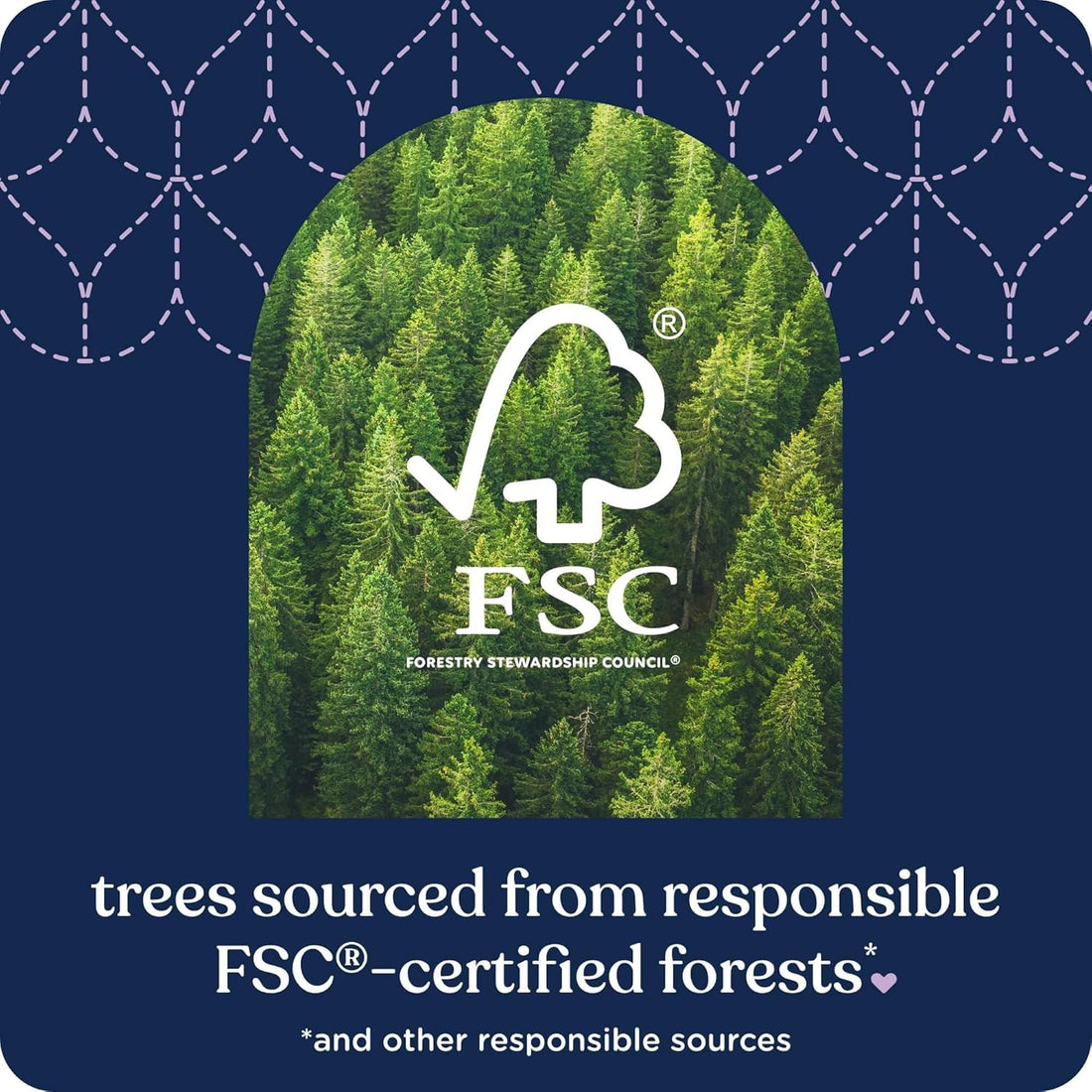 FSC certification logo with a forest background on a blue patterned background