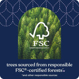 FSC certification logo with a forest background on a blue patterned background
