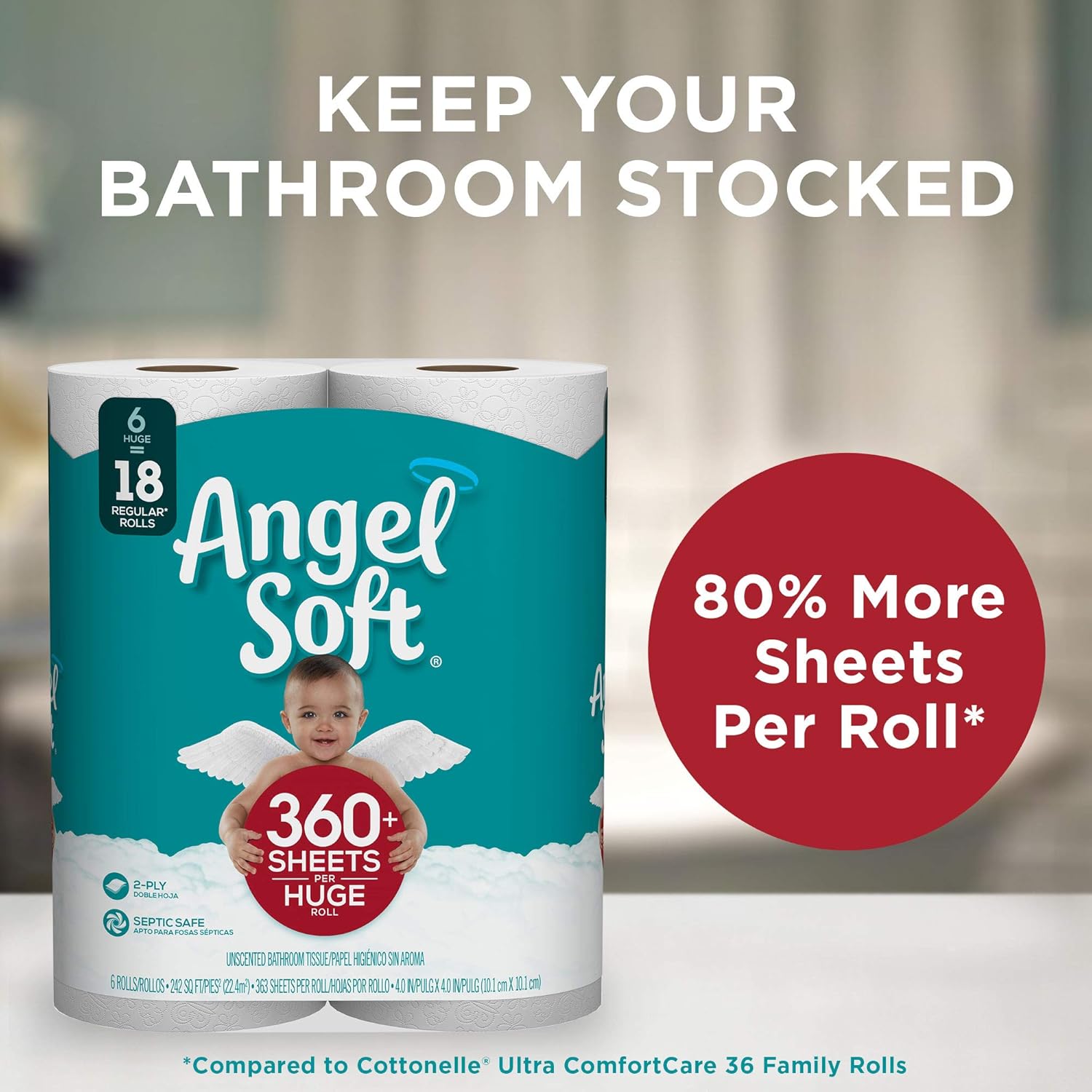ANGEL SOFT Toilet Paper Bath Tissue, 36 Huge Rolls, 360+ 2-Ply Sheets Per Roll