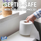Scott toilet paper roll with a hand taking a sheet, set against a bathroom background.