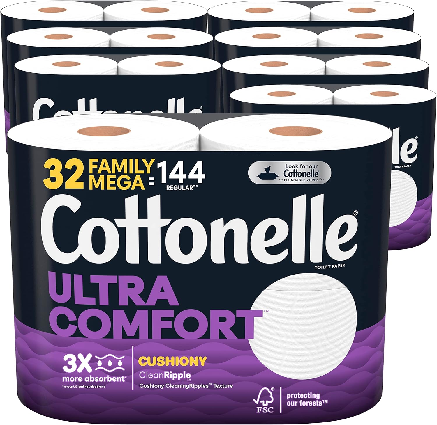 Cottonelle Ultra Comfort Toilet Paper with Cushiony CleaningRipples Texture, Strong Bath Tissue, 24 Family Mega Rolls (24 Family Mega Rolls = 108 Regular Rolls) (4 Packs of 6), 296 Sheets per Roll