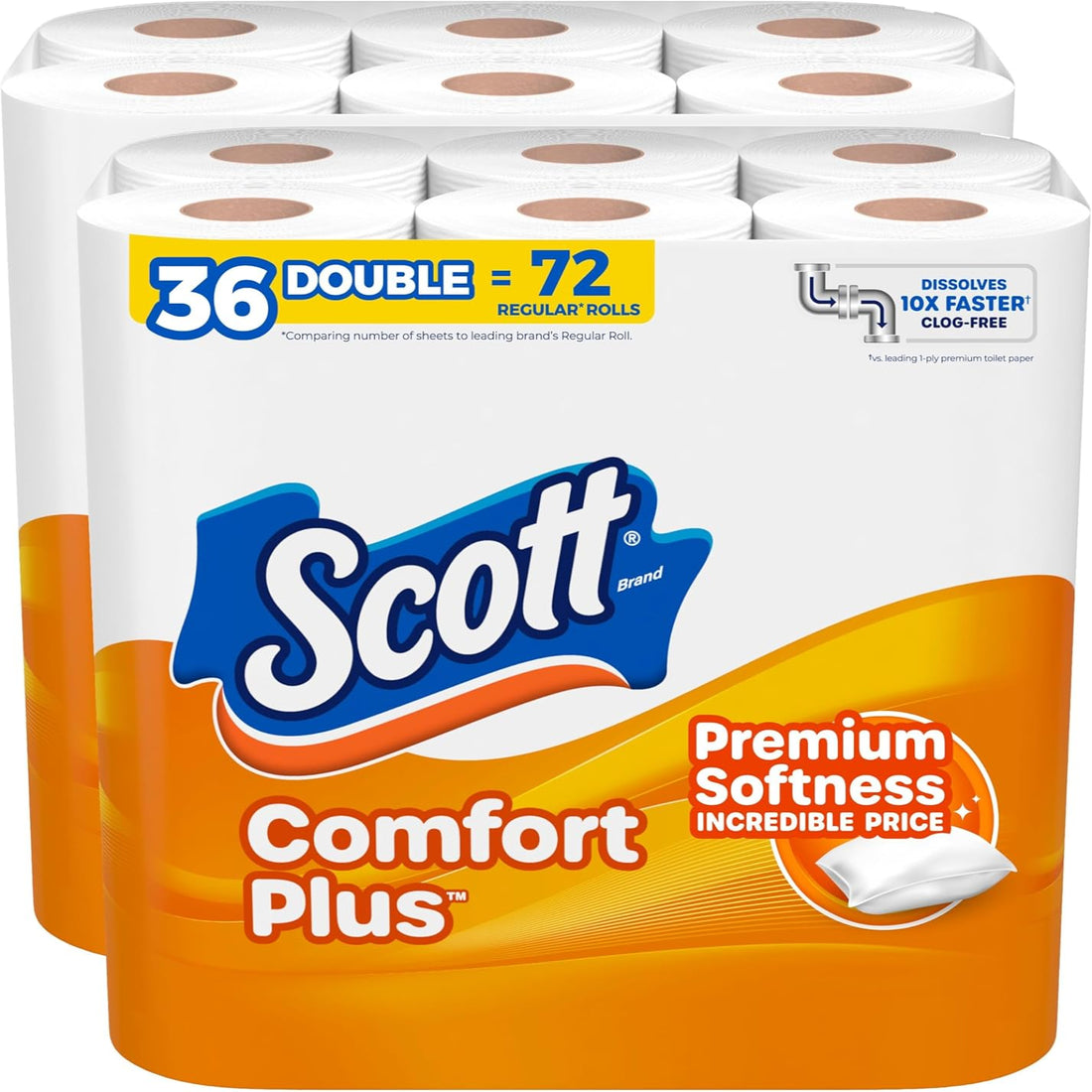 Scott Comfort Plus toilet paper package with branding and product details.
