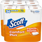 Scott Comfort Plus toilet paper package with branding and product details.