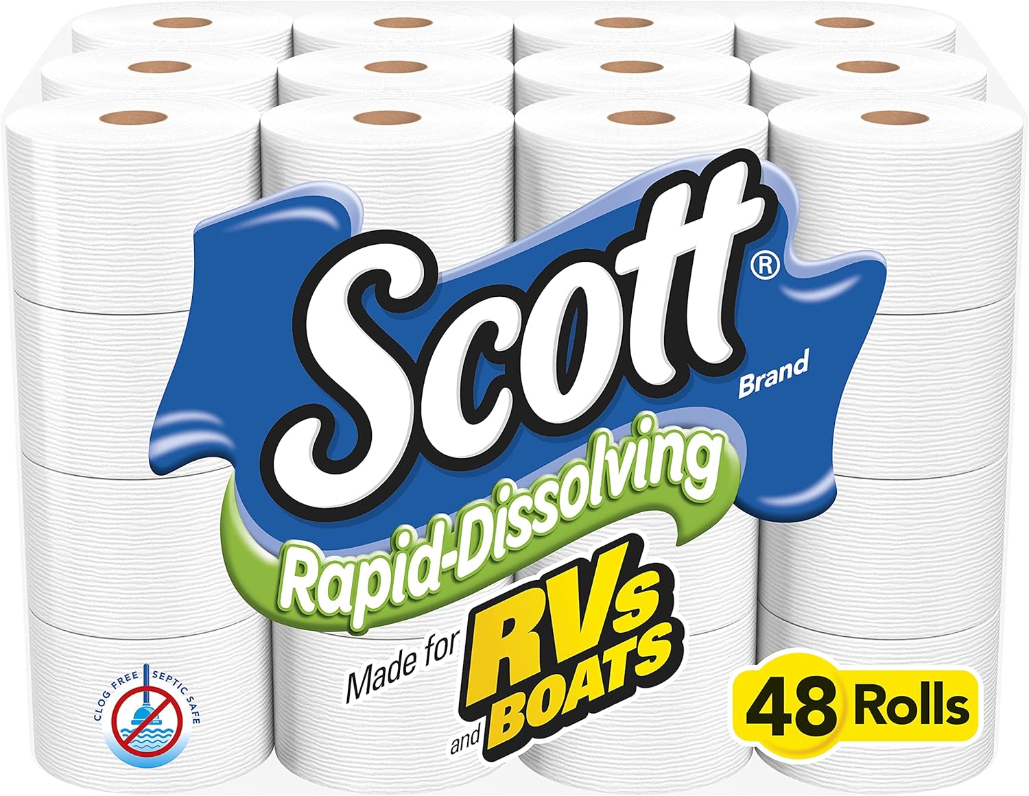 Scott Rapid-Dissolving Toilet Paper, 48 Double Rolls (6 Packs of 8), Sustainable, Septic-Safe, Toilet Paper