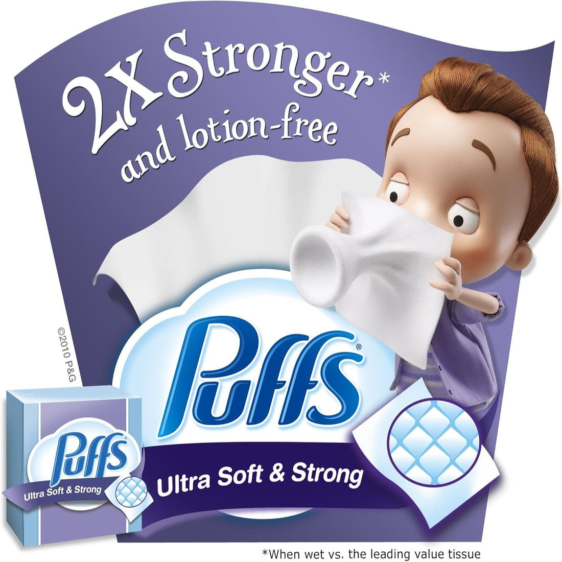 Puffs Ultra Soft & Strong tissue packaging with a cartoon character holding tissues, on a purple background.